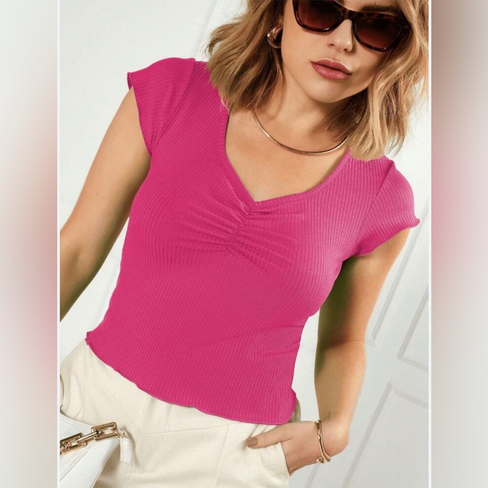 Hollister Fuchsia Ribbed Lettuce Sleeved Top